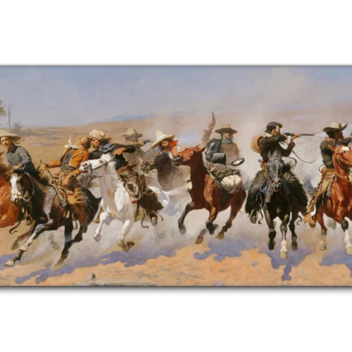 A Dash for the Timber Western Art desk mat in 90 x 40 cm with cowboy horse-riding artwork