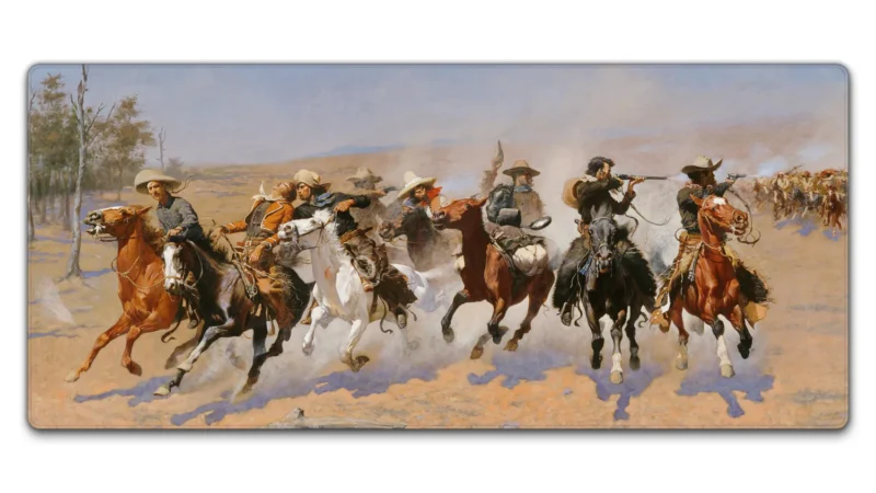 A Dash for the Timber Western Art desk mat in 90 x 40 cm with cowboy horse-riding artwork