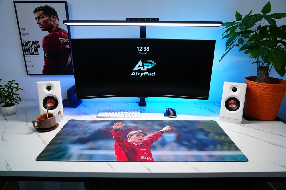 David Beckham football desk mat in a complete football-themed workstation with monitor, keyboard and speakers
