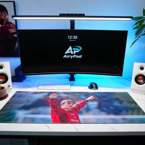 David Beckham football desk mat in a complete football-themed workstation with monitor, keyboard and speakers