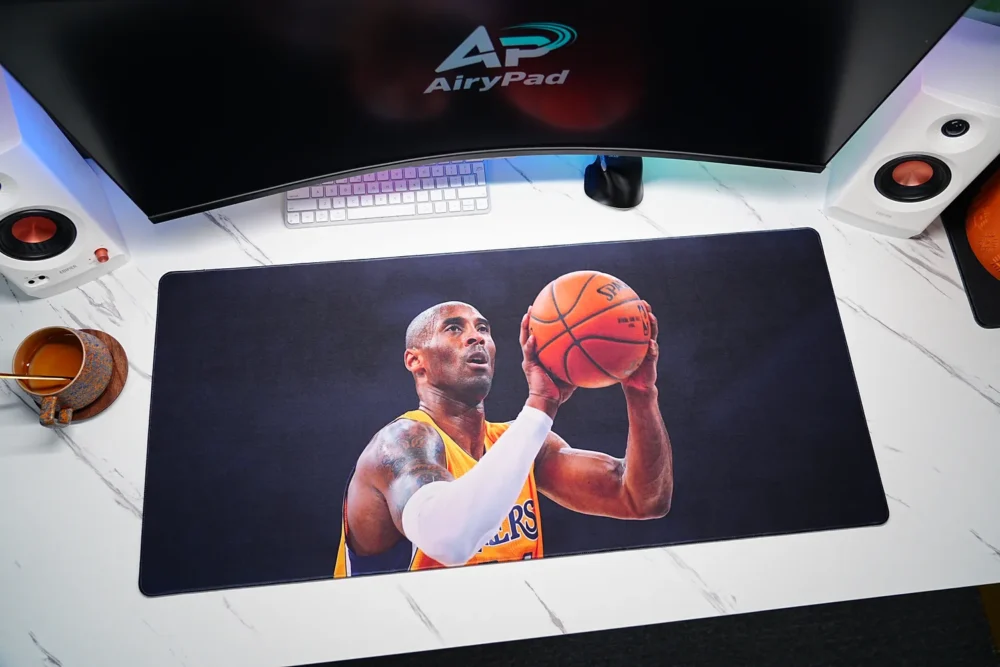 Kobe Bryant Los Angeles Lakers basketball desk mat in a desktop setup