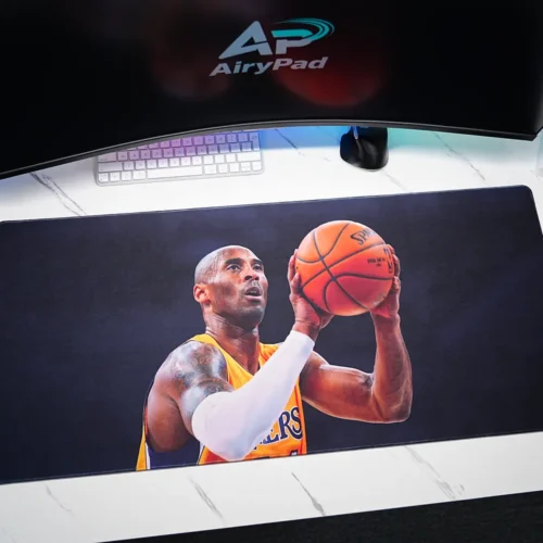 Kobe Bryant Los Angeles Lakers basketball desk mat in a desktop setup