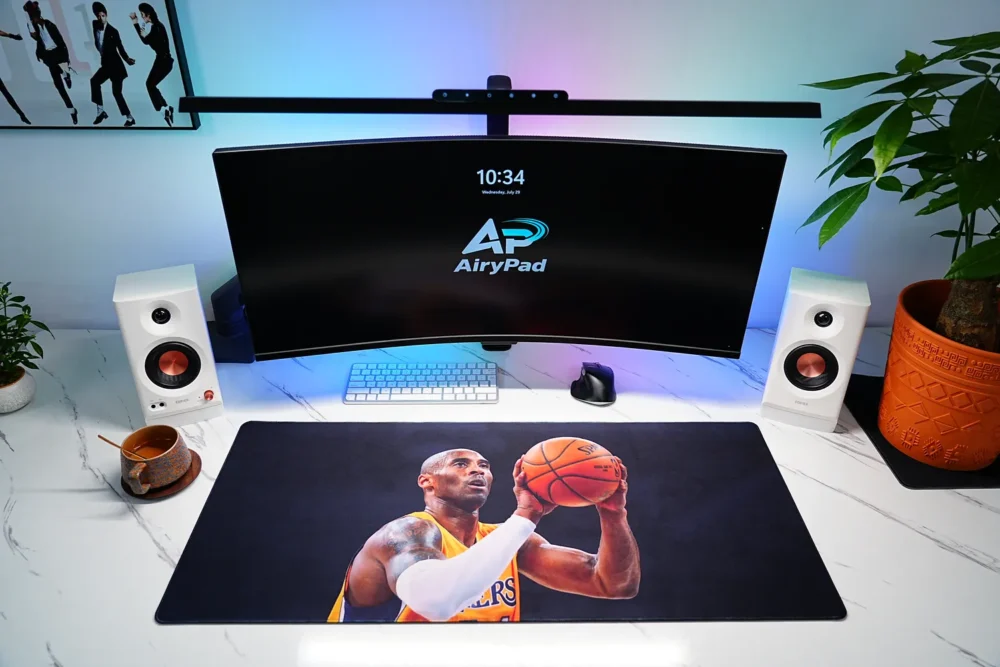 Kobe Bryant Lakers basketball desk mat in a complete desktop setup