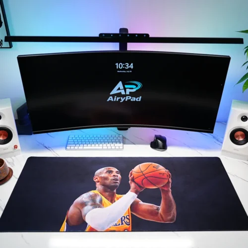 Kobe Bryant Lakers basketball desk mat in a complete desktop setup