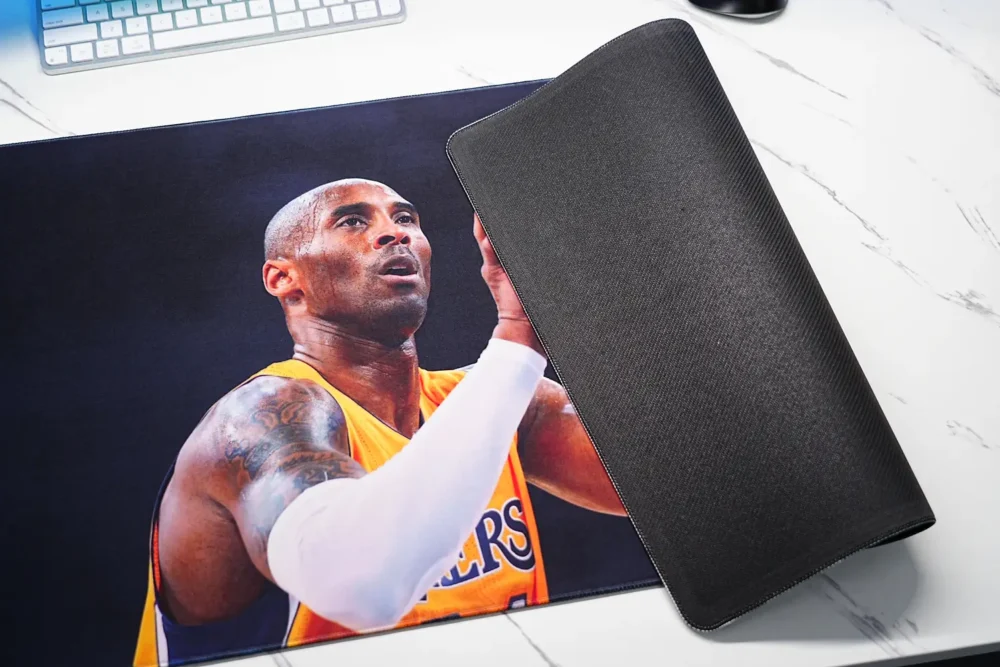 Kobe Bryant Lakers desk mat with stitched edge and textured rubber base