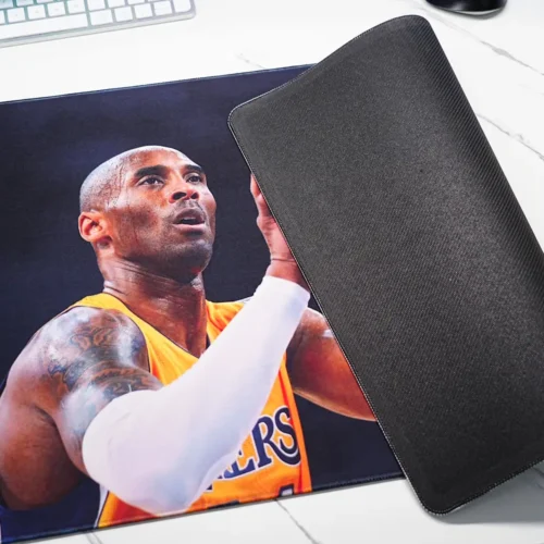 Kobe Bryant Lakers desk mat with stitched edge and textured rubber base