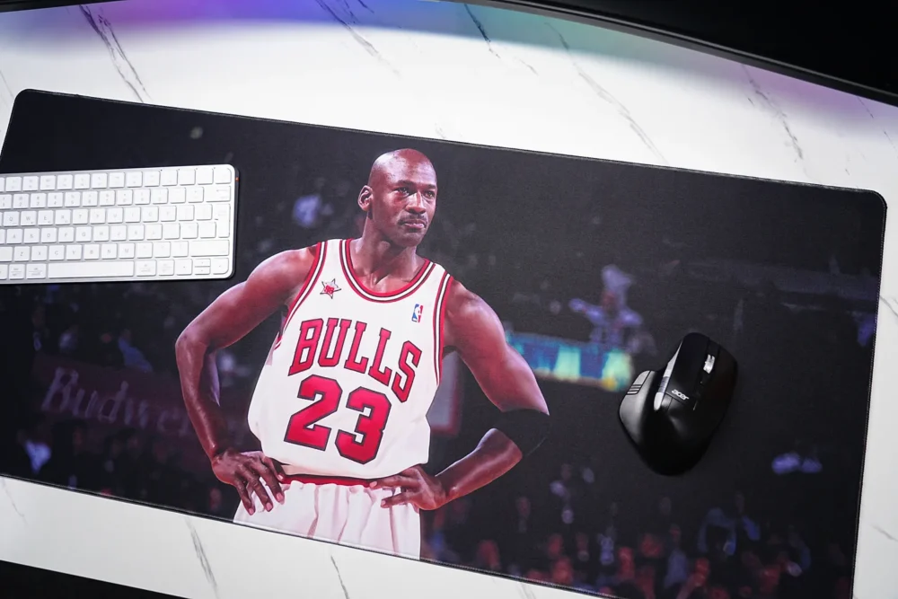 Close view of Michael Jordan No. 23 Chicago Bulls artwork on a basketball desk mat