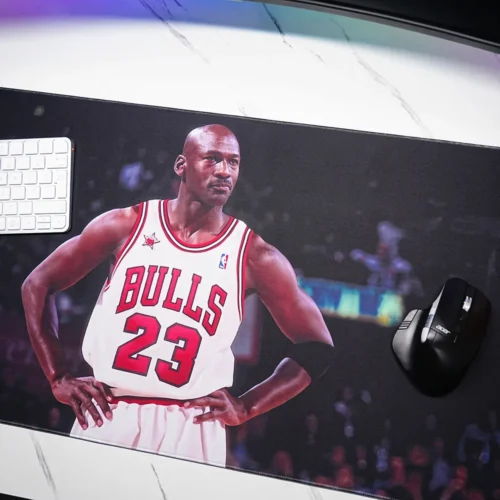 Close view of Michael Jordan No. 23 Chicago Bulls artwork on a basketball desk mat
