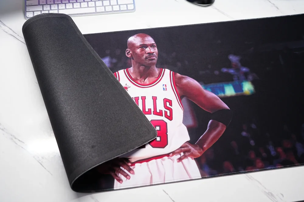 Michael Jordan Chicago Bulls desk mat showing stitched edge and anti-slip rubber base