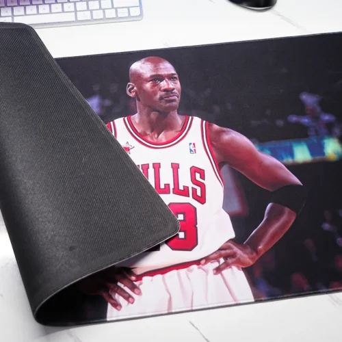 Michael Jordan Chicago Bulls desk mat showing stitched edge and anti-slip rubber base