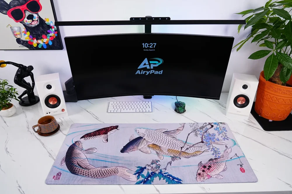 Koi Fish Mouse Pad in Modern Desk Setup Koi fish mouse pad in a clean desktop setup with monitor, keyboard and mouse