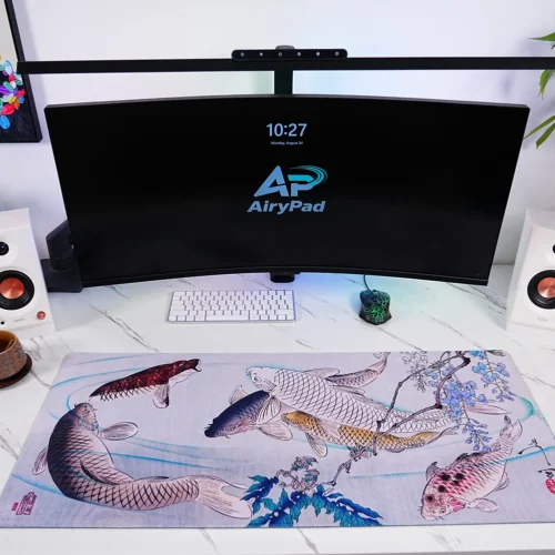 Koi Fish Mouse Pad in Modern Desk Setup Koi fish mouse pad in a clean desktop setup with monitor, keyboard and mouse