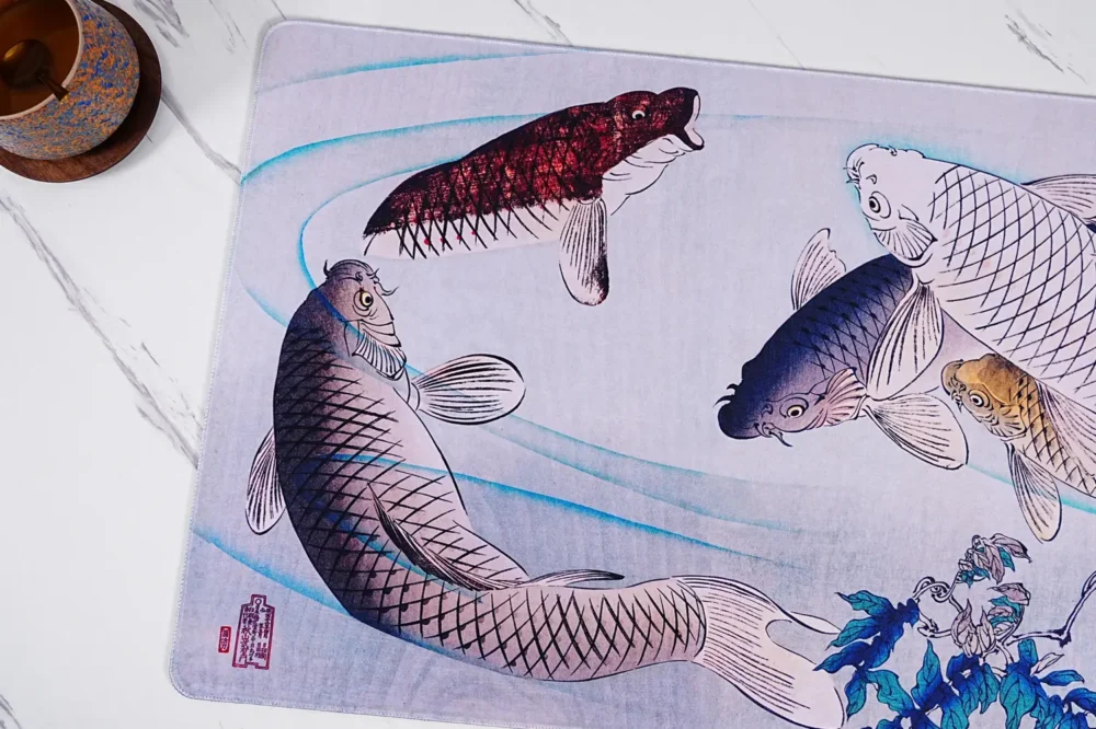 Koi Fish Mouse Pad Print Detail with Stitched Edge Close-up of koi fish mouse pad print with stitched edge detail