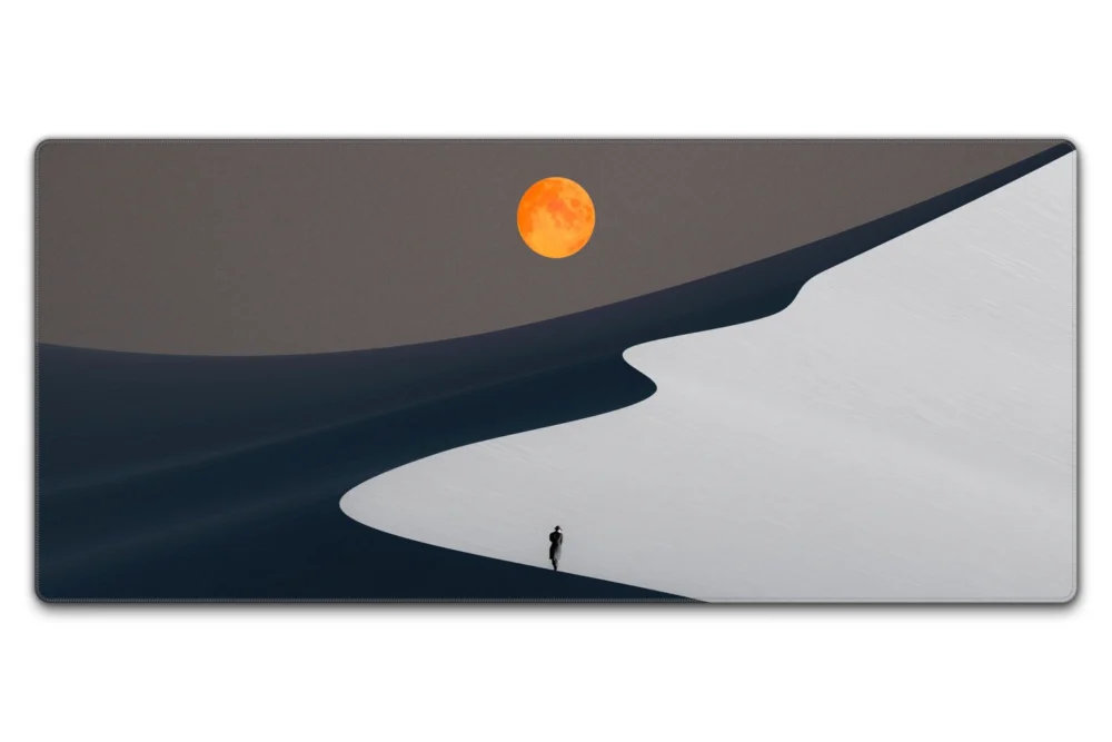 Orange Moon Desert Walker desk mat in 90 x 40 cm with orange moon, desert sky and walking figure artwork