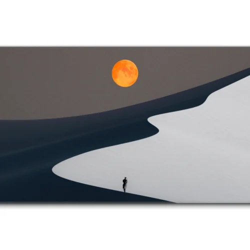 Orange Moon Desert Walker desk mat in 90 x 40 cm with orange moon, desert sky and walking figure artwork