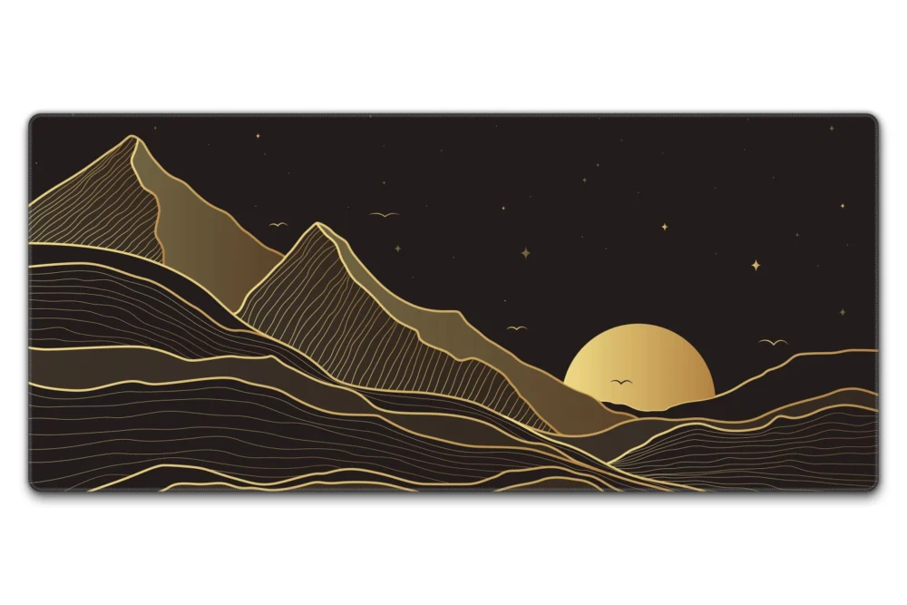 Starry Mountain Sunset desk mat in 90 x 40 cm with sun, stars and mountain artwork