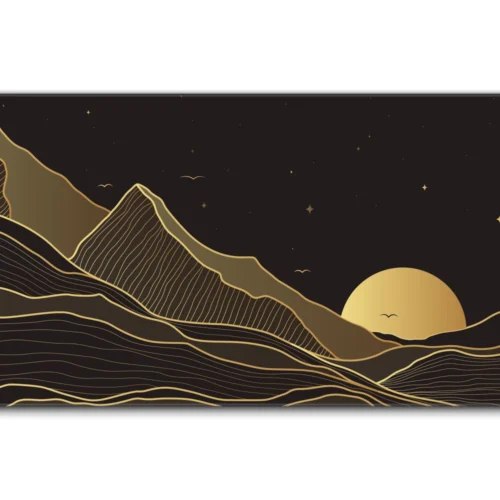 Starry Mountain Sunset desk mat in 90 x 40 cm with sun, stars and mountain artwork