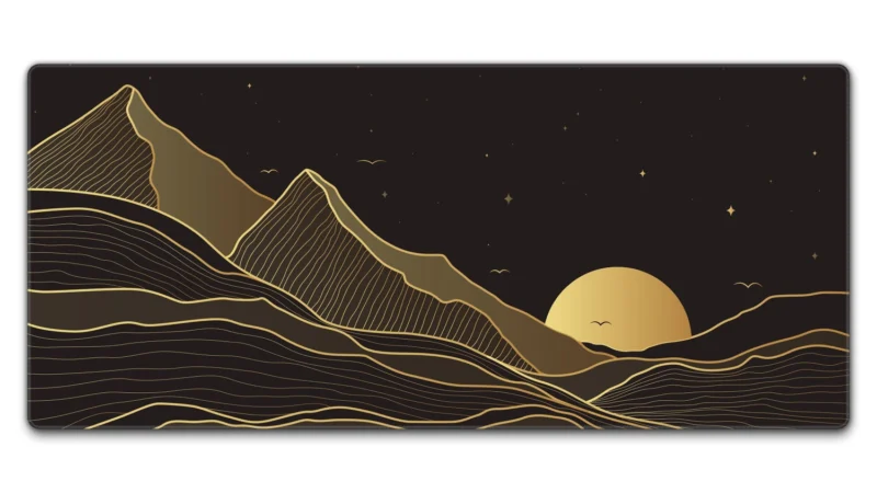 Starry Mountain Sunset desk mat in 90 x 40 cm with sun, stars and mountain artwork