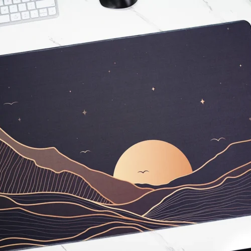 Close-up of Starry Mountain Sunset mouse pad showing sun and star artwork detail