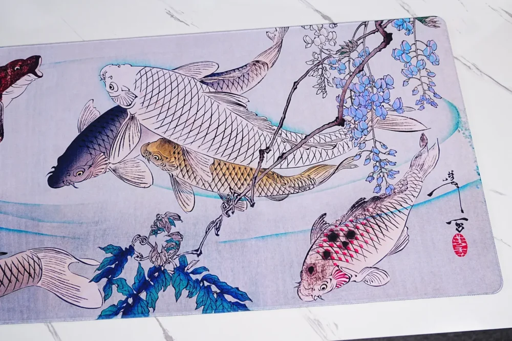 Wisteria Flower and Koi Fish Mouse Pad Detail Close-up of Japanese koi fish mouse pad with blue wisteria flower details