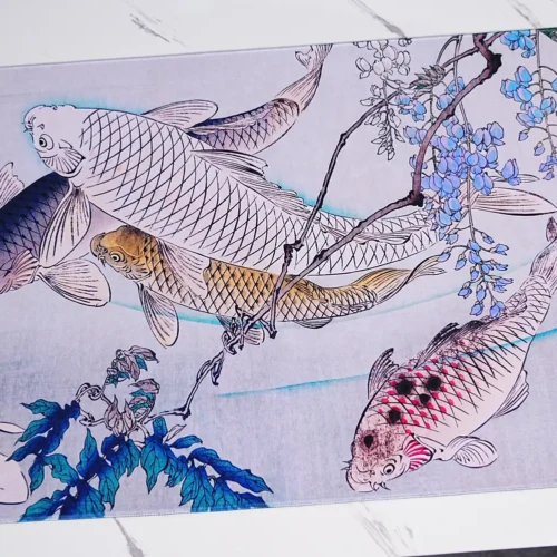 Wisteria Flower and Koi Fish Mouse Pad Detail Close-up of Japanese koi fish mouse pad with blue wisteria flower details