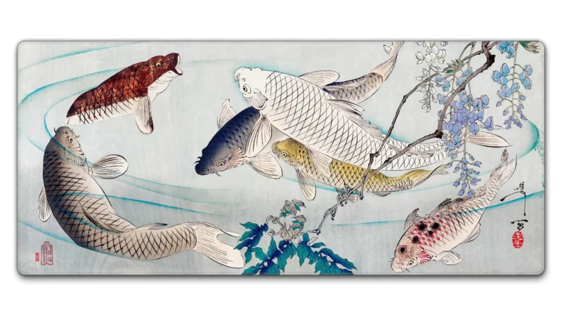 Wisteria six koi fish mouse pad in Japanese art style, 90x40cm desk mat